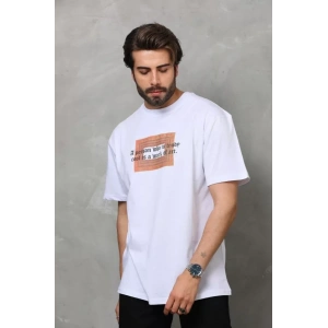 Unisex Bisiklet Yaka Baskılı Oversize T-Shirt - Beyaz