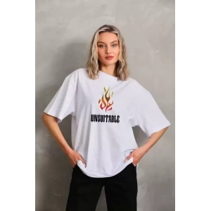 Unisex Bisiklet Yaka Baskılı Oversize T-Shirt - Beyaz