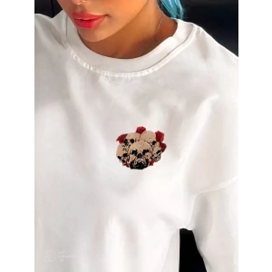 Unisex Bisiklet Yaka Baskılı Oversize T-Shirt - Beyaz