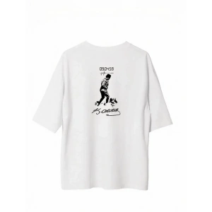 Unisex Bisiklet Yaka Baskılı Oversize T-Shirt - Beyaz