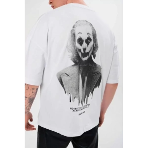 Unisex Bisiklet Yaka Baskılı Oversize T-Shirt - Beyaz