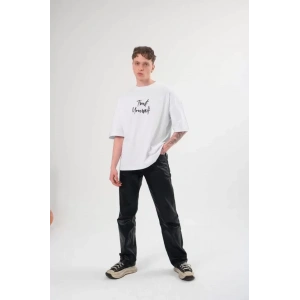 Unisex Bisiklet Yaka Baskılı Oversize T-Shirt - Beyaz
