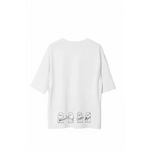 Unisex Bisiklet Yaka Baskılı Oversize T-Shirt - Beyaz