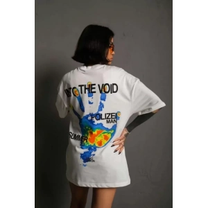 Unisex Bisiklet Yaka Baskılı Oversize T-Shirt - Beyaz