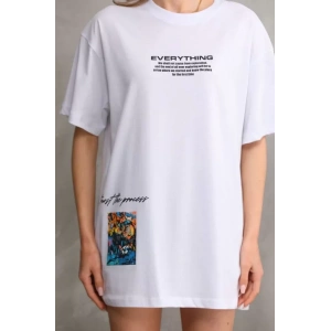 Unisex Bisiklet Yaka Baskılı Oversize T-Shirt - Beyaz