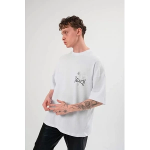 Unisex Bisiklet Yaka Baskılı Oversize T-Shirt - Beyaz