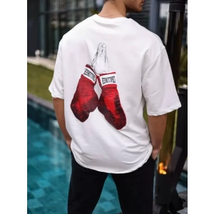Unisex Bisiklet Yaka Baskılı Oversize T-Shirt - Beyaz