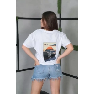 Unisex Bisiklet Yaka Baskılı Oversize T-Shirt- Beyaz