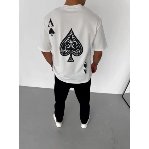Unisex Bisiklet Yaka Baskılı Oversize T-Shirt - Beyaz