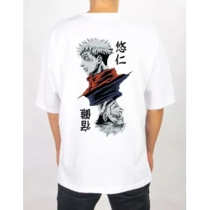 Unisex Bisiklet Yaka Baskılı Oversize T-Shirt - Beyaz