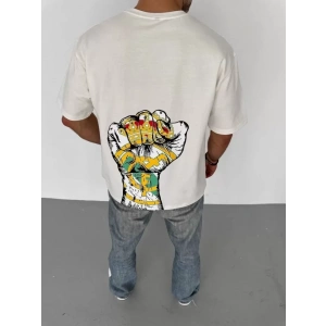 Unisex Bisiklet Yaka Baskılı Oversize T-Shirt - Beyaz