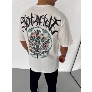 Unisex Bisiklet Yaka Baskılı Oversize T-Shirt - Beyaz