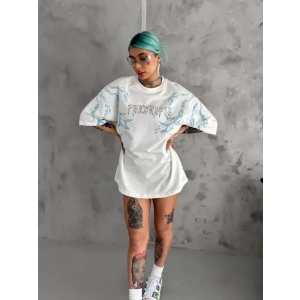Unisex Bisiklet Yaka Baskılı Oversize T-Shirt - Beyaz