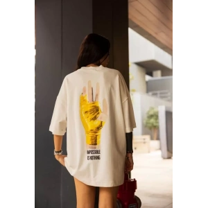 Unisex Bisiklet Yaka Baskılı Oversize T-Shirt - Beyaz