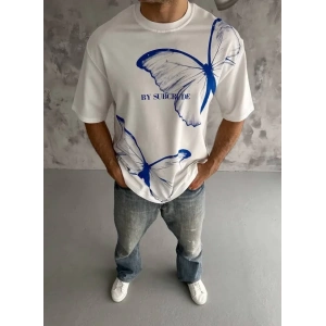 Unisex Bisiklet Yaka Baskılı Oversize T-Shirt - Beyaz
