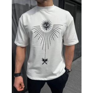 Unisex Bisiklet Yaka Baskılı Oversize T-Shirt - Beyaz