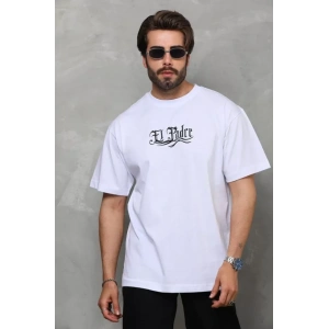 Unisex Bisiklet Yaka Baskılı Oversize T-Shirt - Beyaz