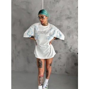 Unisex Bisiklet Yaka Baskılı Oversize T-Shirt - Beyaz