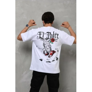 Unisex Bisiklet Yaka Baskılı Oversize T-Shirt - Beyaz