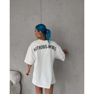 Unisex Bisiklet Yaka Baskılı Oversize T-Shirt - Beyaz