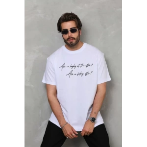 Unisex Bisiklet Yaka Baskılı Oversize T-Shirt - Beyaz