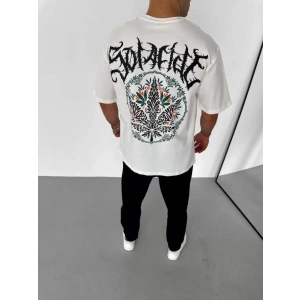 Unisex Bisiklet Yaka Baskılı Oversize T-Shirt - Beyaz