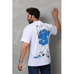 Unisex Bisiklet Yaka Baskılı Oversize T-Shirt - Beyaz