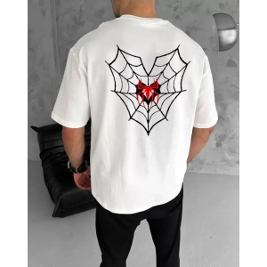 Unisex Bisiklet Yaka Baskılı Oversize T-Shirt - Beyaz
