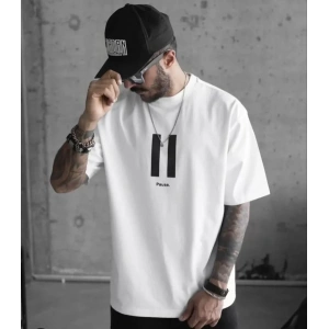 Unisex Bisiklet Yaka Baskılı Oversize T-Shirt - Beyaz