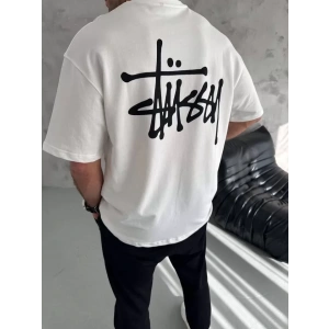 Unisex Bisiklet Yaka Baskılı Oversize T-Shirt - Beyaz