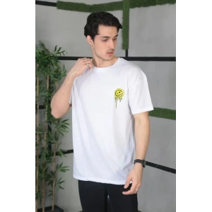 Unisex Bisiklet Yaka Baskılı Oversize T-Shirt - Beyaz
