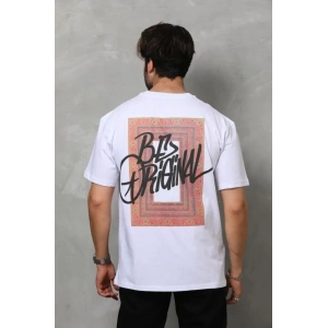 Unisex Bisiklet Yaka Baskılı Oversize T-Shirt - Beyaz