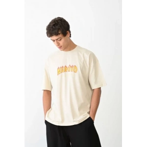 Unisex Bisiklet Yaka Baskılı Oversize T-Shirt - Beyaz