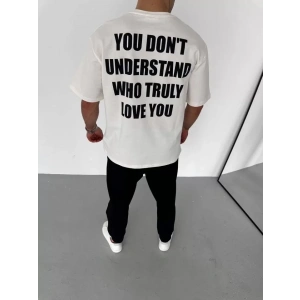 Unisex Bisiklet Yaka Baskılı Oversize T-Shirt - Beyaz