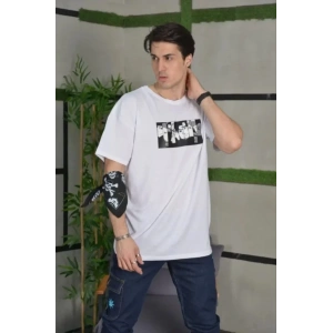 Unisex Bisiklet Yaka Baskılı Oversize T-Shirt - Beyaz