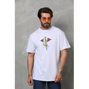 Unisex Bisiklet Yaka Baskılı Oversize T-Shirt - Beyaz