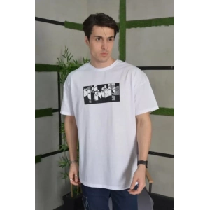 Unisex Bisiklet Yaka Baskılı Oversize T-Shirt - Beyaz