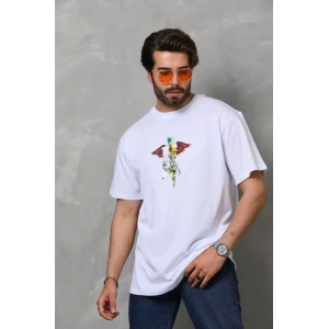Unisex Bisiklet Yaka Baskılı Oversize T-Shirt - Beyaz