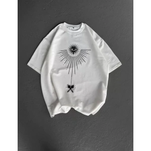 Unisex Bisiklet Yaka Baskılı Oversize T-Shirt - Beyaz