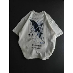 Unisex Bisiklet Yaka Baskılı Oversize T-Shirt - Beyaz
