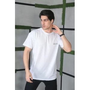 Unisex Bisiklet Yaka Baskılı Oversize T-Shirt - Beyaz