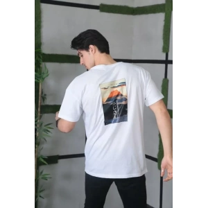 Unisex Bisiklet Yaka Baskılı Oversize T-Shirt - Beyaz