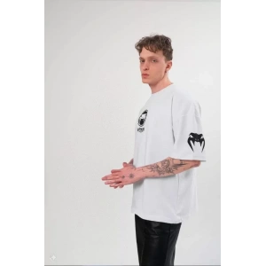 Unisex Bisiklet Yaka Baskılı Oversize T-Shirt - Beyaz