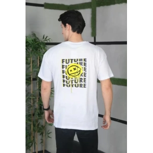 Unisex Bisiklet Yaka Baskılı Oversize T-Shirt - Beyaz