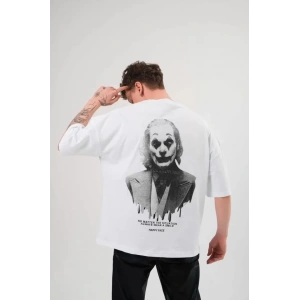 Unisex Bisiklet Yaka Baskılı Oversize T-Shirt - Beyaz
