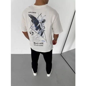 Unisex Bisiklet Yaka Baskılı Oversize T-Shirt - Beyaz