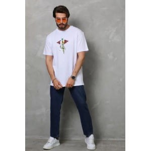 Unisex Bisiklet Yaka Baskılı Oversize T-Shirt - Beyaz