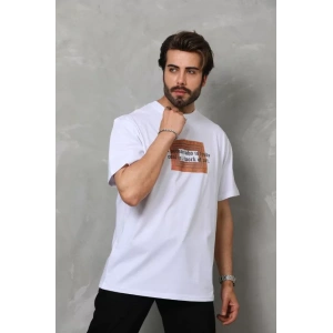 Unisex Bisiklet Yaka Baskılı Oversize T-Shirt - Beyaz
