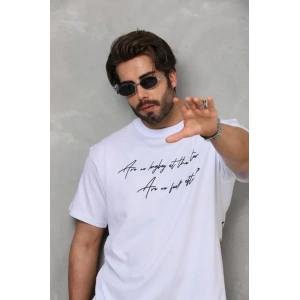 Unisex Bisiklet Yaka Baskılı Oversize T-Shirt - Beyaz