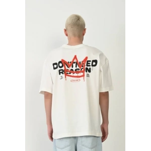 Unisex Bisiklet Yaka Baskılı Oversize T-Shirt - Beyaz
